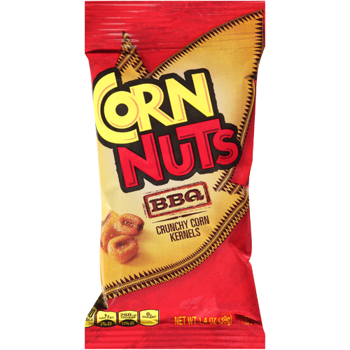 Corn Nuts BBQ flavored crunchy corn kernels in a red and yellow 4 ounce bag with a zigzag pattern