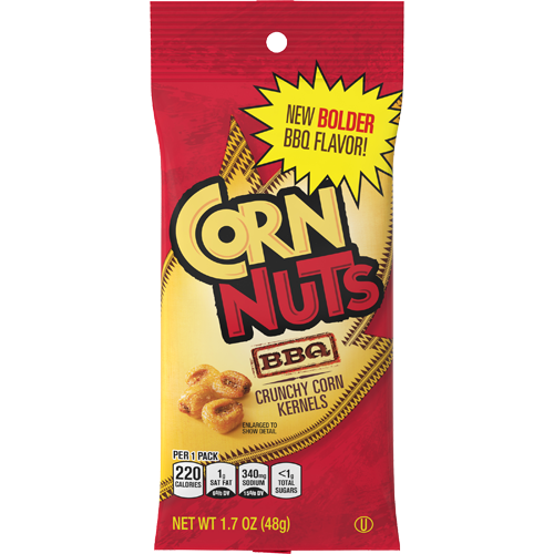 Corn-Nuts-BBQ-snack-packaging-with-new-bolder-BBQ-flavor-text-crunchy-corn-kernels-image-and-nutritional-info-on-red-and-yellow-background
