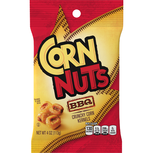 Package of Corn Nuts BBQ flavor crunchy corn kernels with red and yellow design showing nutritional information and illustration of corn snacks on the front