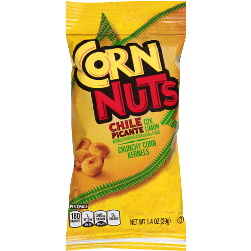 Yellow Corn Nuts snack bag labeled Chile Picante con limon featuring crunchy corn kernels with nutritional information at the bottom containing 1 point 4 ounces