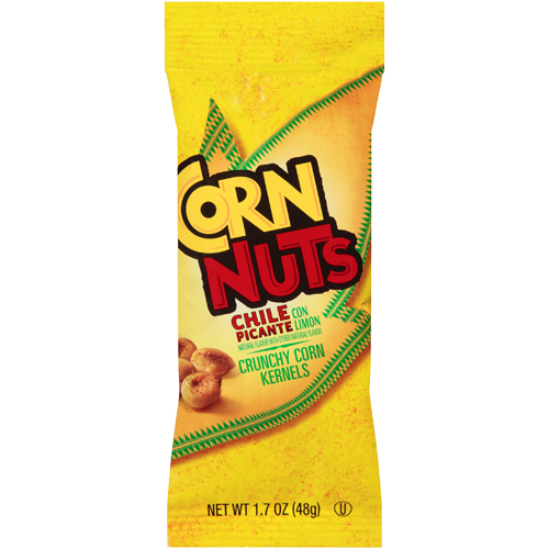 Yellow snack package labeled as Corn Nuts with chile picante limon flavor showing crunchy corn kernels and a net weight of 1-point-7 ounces