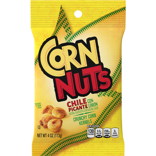 Yellow snack bag labeled Corn Nuts Chile Picante with crunchy corn kernels image net weight 4 oz with nutritional information at bottom right