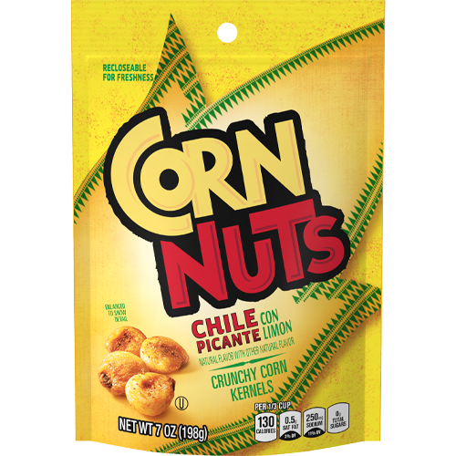Yellow bag of Corn Nuts featuring large text and images of corn crunchy kernels with chile picante con limon flavoring nutritional information at the bottom reclosable for freshness