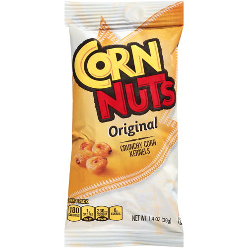 Corn Nuts Original snack package featuring bold text and an image of crunchy corn kernels with nutritional information at the bottom