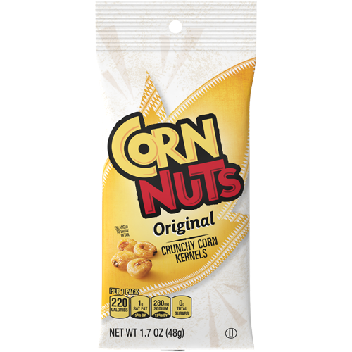 Package of Corn Nuts original flavored crunchy corn kernels snack with nutritional information showing 220 calories per pack on a white background with yellow corn graphic