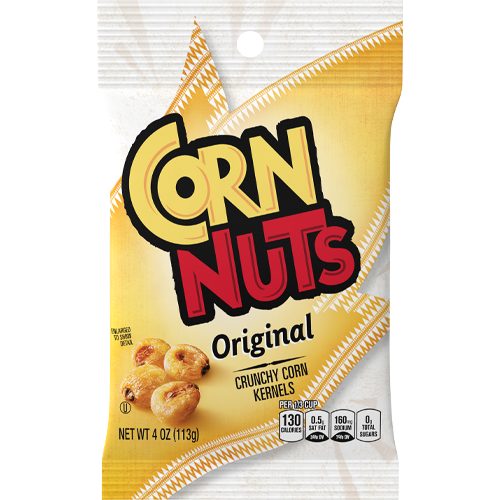 Bag of Corn Nuts original flavor with crunchy corn kernels printed on the package net weight 4 oz nutritional information shown at the bottom