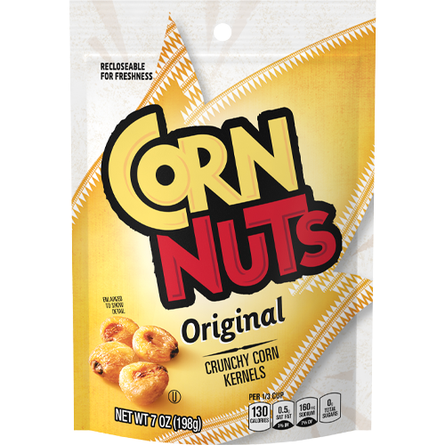 Bag of Corn Nuts with yellow and red lettering labeled Original Crunchy Corn Kernels showing image of corn kernels net weight 7 oz nutritional information at the bottom