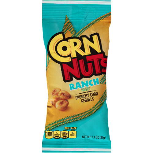 Bag of Corn Nuts ranch flavored crunchy corn kernels with teal border and nutritional information on the bottom