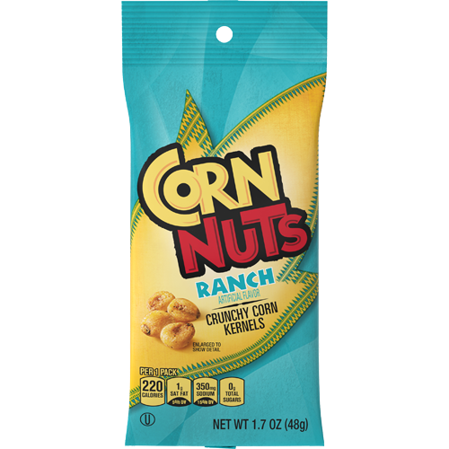 Corn Nuts snack package in teal and yellow with ranch flavor text displaying crunchy corn kernels illustration and nutrition information at the bottom