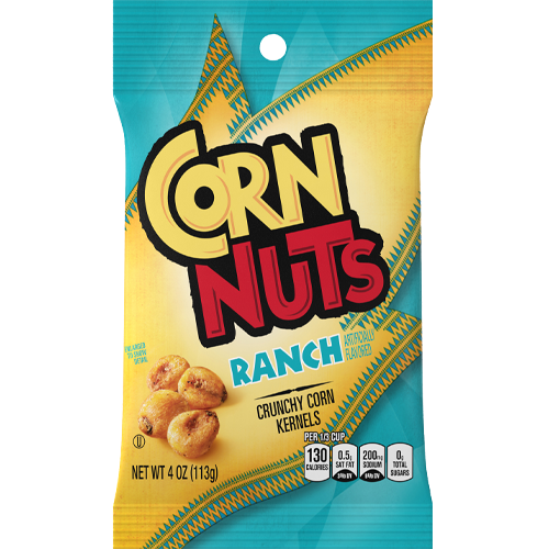 Bag of Corn Nuts in ranch flavor with yellow and teal design showing images of crunchy corn kernels and nutritional information.