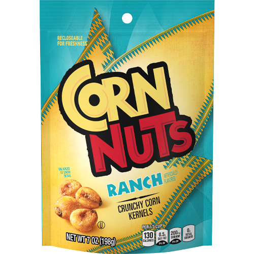 Package of Corn Nuts ranch flavor with bold yellow and red lettering featuring crunchy corn kernels image on the front and nutritional information at the bottom.