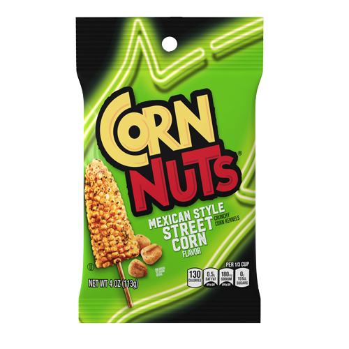 Green and black snack package with corn nuts branding featuring a corn cob image and text Mexican Style Street Corn Flavor net weight seven ounces