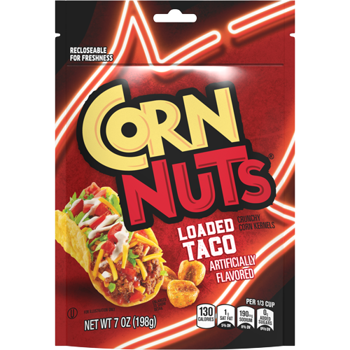 Bag of Corn Nuts in loaded taco flavor with image of a taco next to the product name against a neon light style background