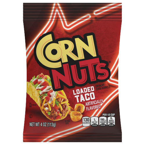Bag of Corn Nuts with loaded taco flavor featuring bold branding and an image of a stuffed taco against a red background with nutritional information displayed at the bottom